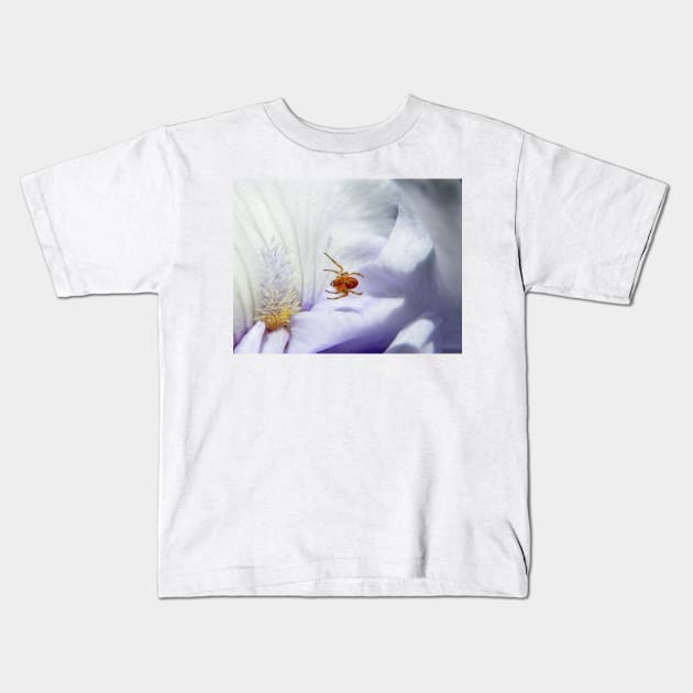 Spider suspended above Iris petals (click to enlarge) Kids T-Shirt by LaurieMinor